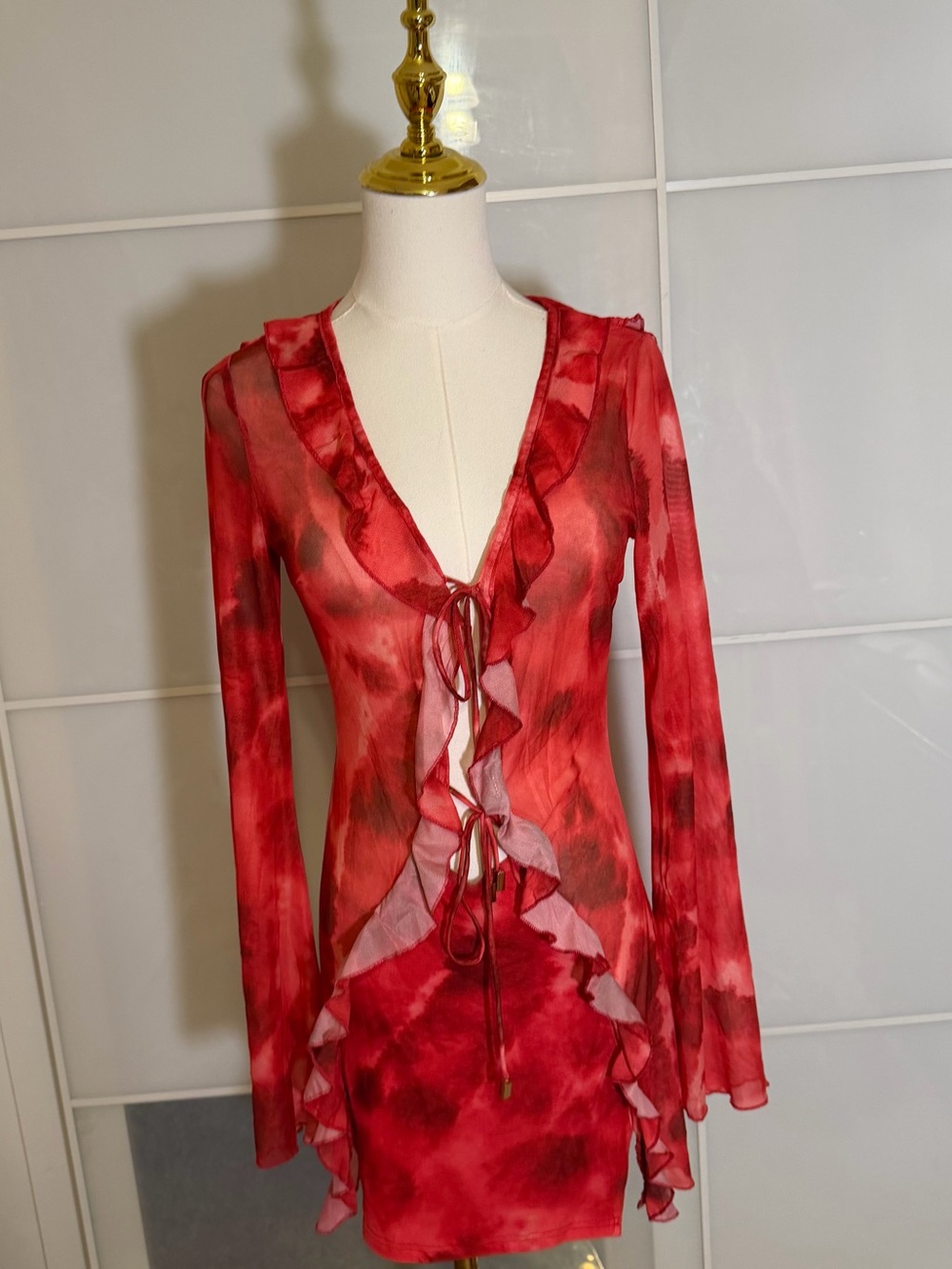 Outcast Sheer Red Ruffle Tie-Front Mini Dress